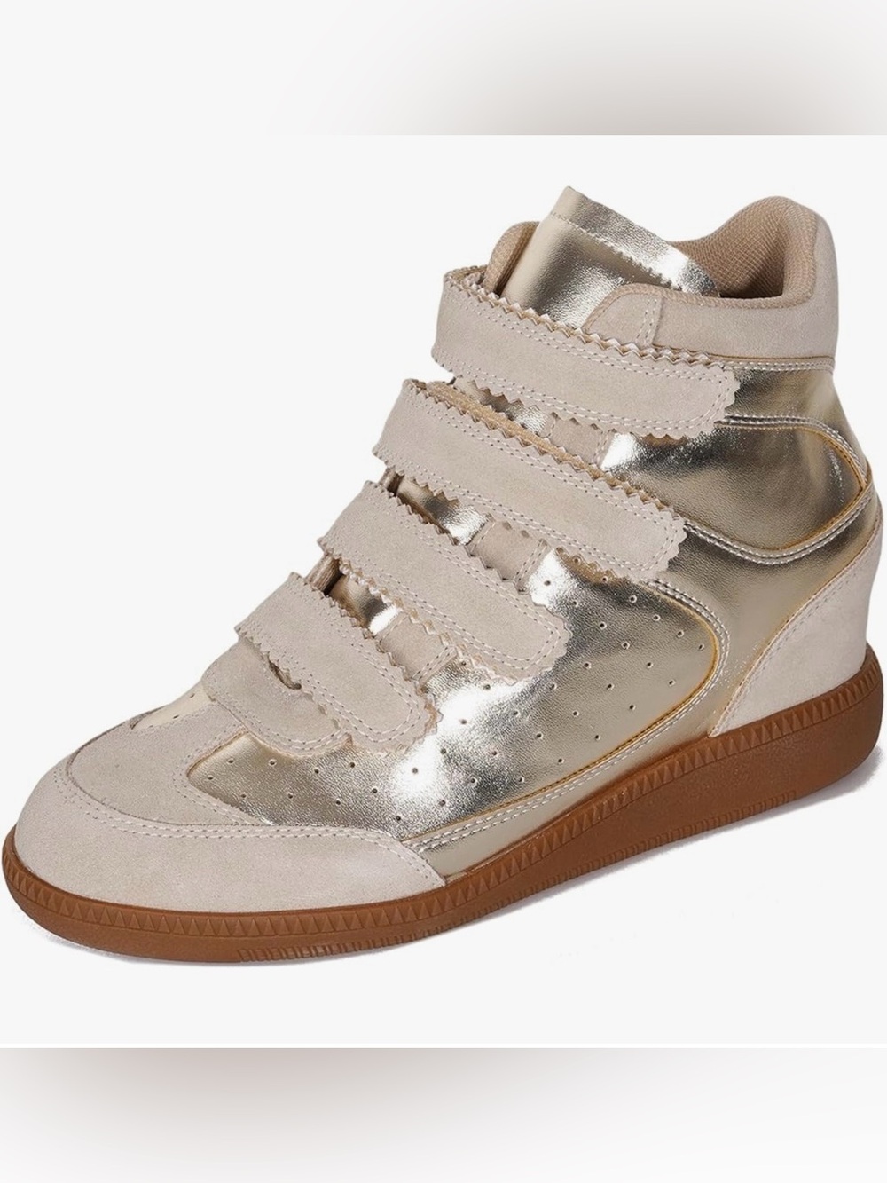 Wedge High-Top Sneakers in Metallic Gold and Beige